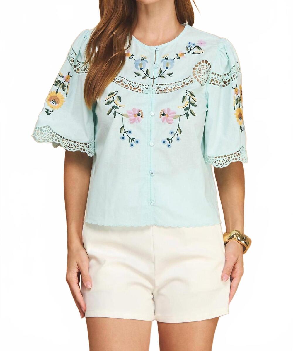 NEW STRUT & BOLT embroidered top in sky blue